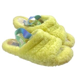UGG Australia Fluff Yeah Slide Slipper Womens‎ 5-6 Yellow Furry Loungewear Cozy